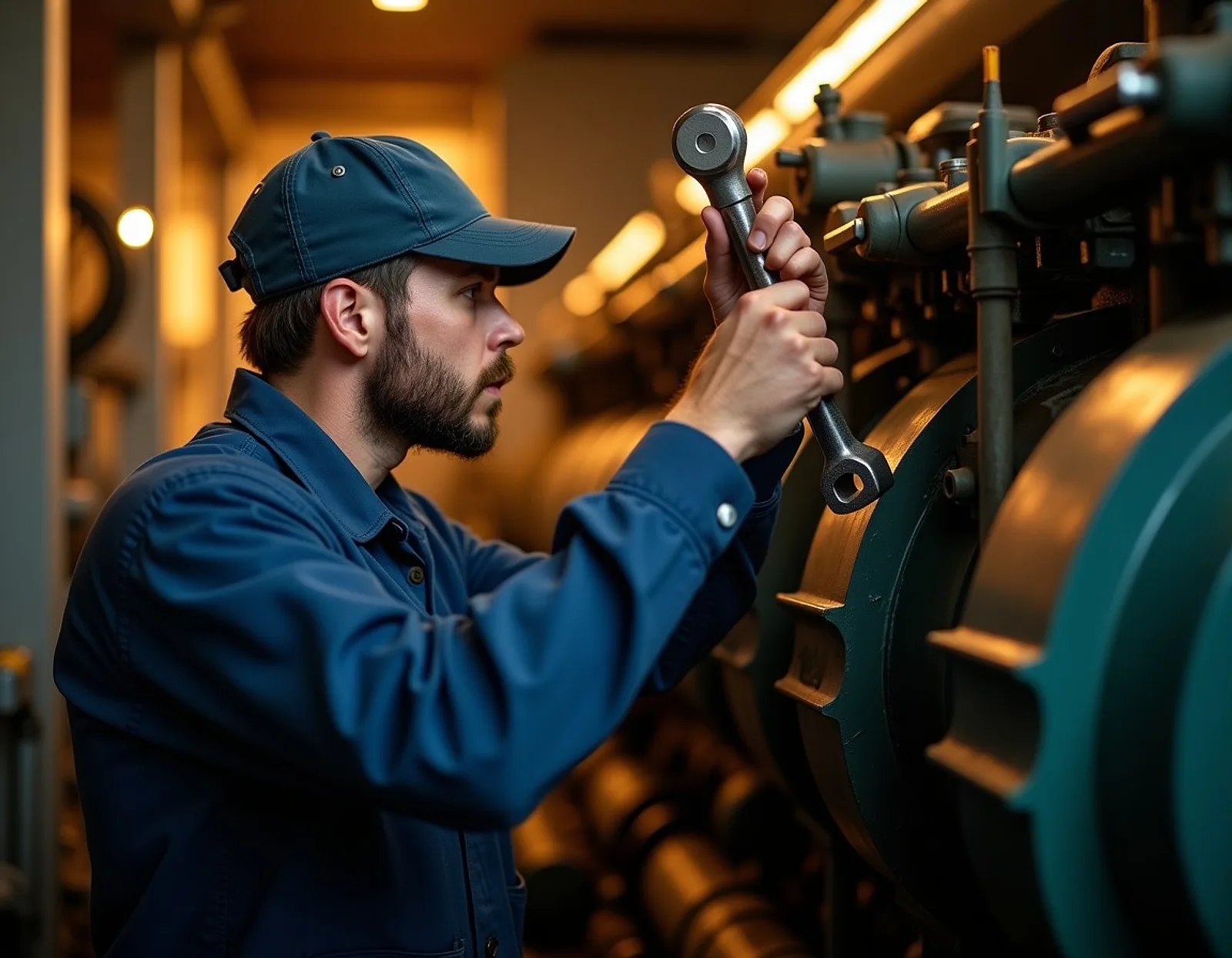 Mechanical fitter in coveralls tightening bolts on a large marine diesel engine