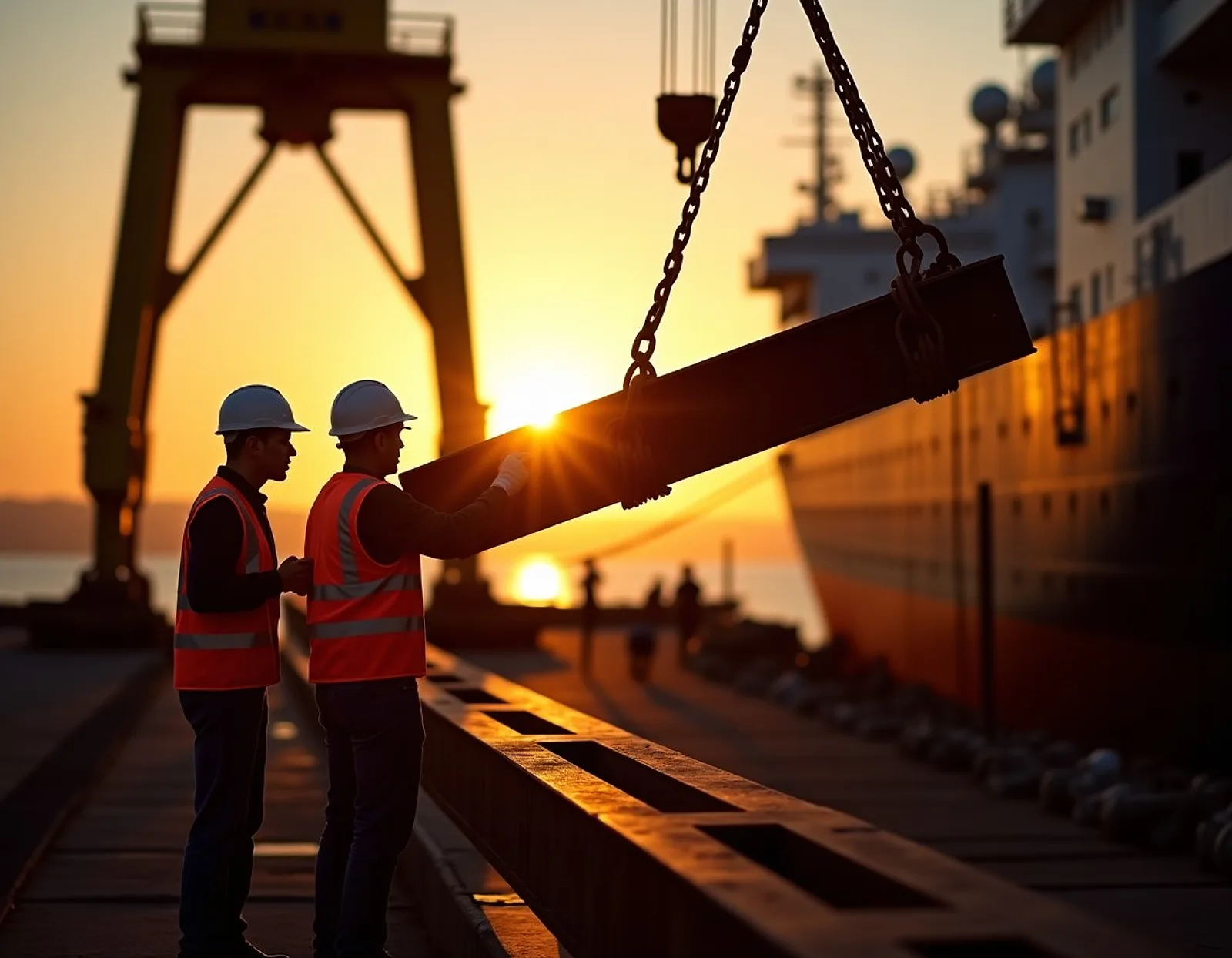 Two structural fitters guiding a steel beam lifted by a crane onto a ship structure at sunset