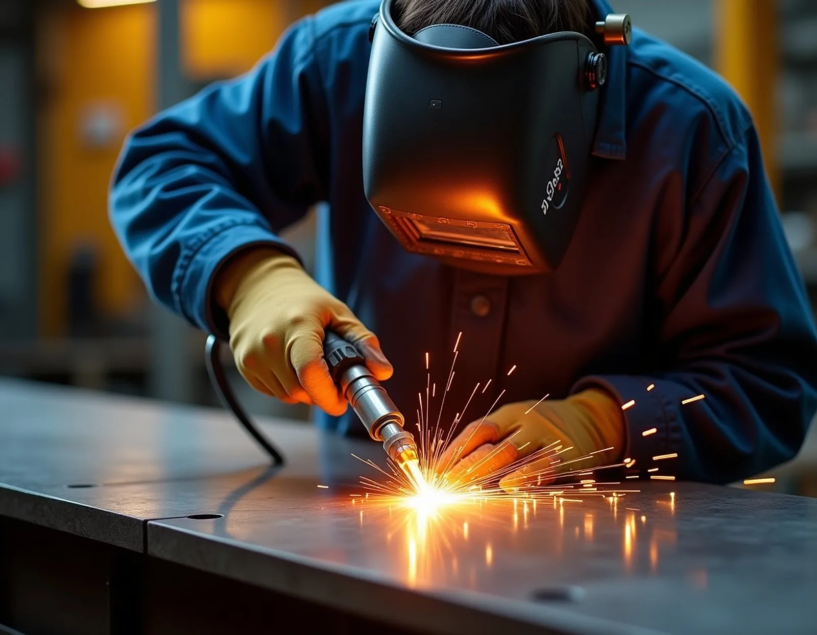 Welder performing MIG welding on a steel bulkhead panel with sparks and a glowing weld pool