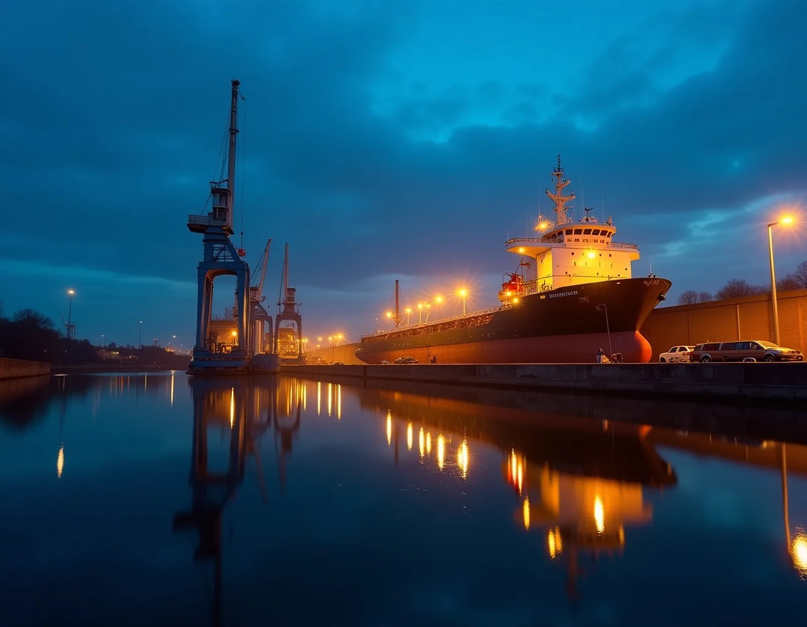 Shipyard at blue hour with floodlights, a ship under repair and cranes reflected in calm river water