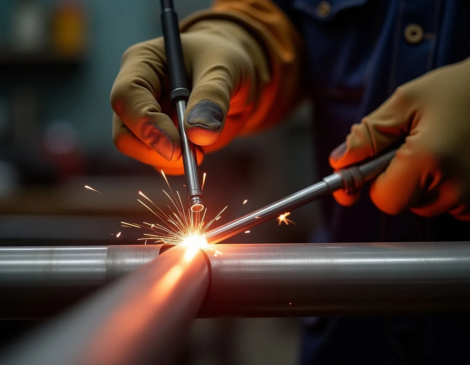 Close up of a TIG welder holding a torch and filler rod welding a stainless steel pipe joint